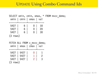 UPDATE Using Combo Command Ids

SELECT xmin, cmin, xmax, * FROM mvcc_demo;
 xmin | cmin | xmax | val
------+------+------+-----
 5427 |    6 |    0 | 10
 5427 |    6 |    0 | 20
 5427 |    6 |    0 | 30
(3 rows)

FETCH ALL FROM c_mvcc_demo;
 xmin | xmax | cmax | val
------+------+------+-----
 5427 | 5427 |    0 | 1
 5427 | 5427 |    1 | 2
 5427 | 5427 |    2 | 3
(3 rows)


                                             Mvcc Unmasked 40 / 89
 