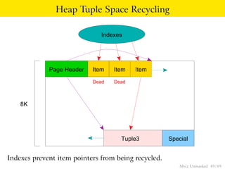 Heap Tuple Space Recycling

                              Indexes




             Page Header   Item   Item   Item

                           Dead   Dead



    8K




                                    Tuple3           Special


Indexes prevent item pointers from being recycled.
                                                        Mvcc Unmasked 49 / 89
 