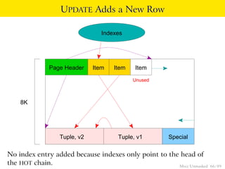 UPDATE Adds a New Row

                                Indexes




              Page Header    Item   Item   Item

                                           Unused



    8K




                 Tuple, v2           Tuple, v1       Special

No index entry added because indexes only point to the head of
the HOT chain.                                        Mvcc Unmasked   66 / 89
 
