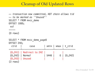 Cleanup of Old Updated Rows

-- transaction now committed, HOT chain allows tid
-- to be marked as ‘‘Unused’’
SELECT * FROM mvcc_demo
OFFSET 1000;
 val
-----
(0 rows)

SELECT * FROM mvcc_demo_page0
OFFSET 240;
  ctid |        case       | xmin | xmax | t_ctid
---------+-----------------+------+------+---------
 (0,241) | Redirect to 242 |      |      |
 (0,242) | Normal          | 5440 |    0 | (0,242)
 (0,243) | Unused          |      |      |
(3 rows)


                                                      Mvcc Unmasked 76 / 89
 