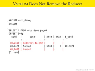 VACUUM Does Not Remove the Redirect



VACUUM mvcc_demo;
VACUUM

SELECT * FROM mvcc_demo_page0
OFFSET 240;
  ctid |        case       | xmin | xmax | t_ctid
---------+-----------------+------+------+---------
 (0,241) | Redirect to 242 |      |      |
 (0,242) | Normal          | 5440 |    0 | (0,242)
 (0,243) | Unused          |      |      |
(3 rows)




                                                      Mvcc Unmasked 78 / 89
 