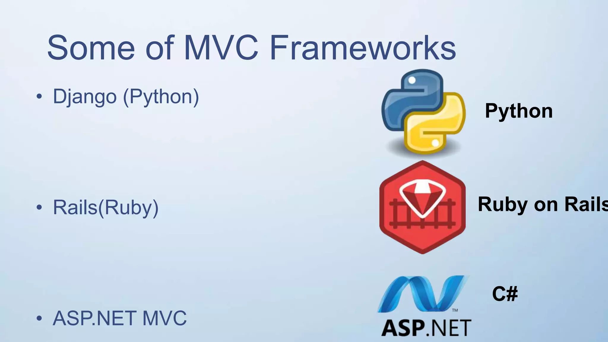 Some of MVC Frameworks • Django (Python( • Rails(Ruby( • ASP.NET MVC Python Ruby on Rails C# 