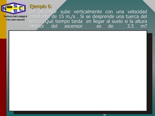 Ejemplo 6:
Un ascensor sube verticalmente con una velocidad
constante de 15 m,/s . Si se desprende una tuerca del
techo ¿Qué tiempo tarda en llegar al suelo si la altura
interior del ascensor es de 3.5 m?
 