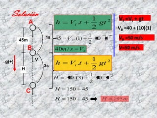 Solución                                  1                Vf =Vi + gt
             A            h    Vi .t           gt 2
                                             2                VB =40 + (10)(1)
                                            1        2
       45m
                     1s   45   VA .(1)        10 1            VB =50 m/s
                                            2
           B              40m / s    VA                       V=50 m/s

                 V                           1
g(+)
                     3s
                          h    Vi .t           gt 2
       H                                     2
                                            1            2
                          H    50 (3)         10 3
                                            2
           C              H    150     45

                          H    150     45       H            195 m
 