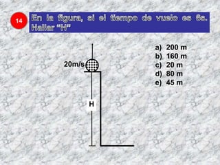 14



                 a)   200 m
                 b)   160 m
     20m/s       c)   20 m
                 d)   80 m
                 e)   45 m

             H
 
