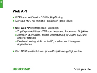 Web API
 WCF kennt seit Version 3.5 WebHttpBinding
 ASP.NET MVC hat ähnliche Fähigkeiten (JsonResult)
 Neu: Web API mit folgenden Funktionen:
 Zugriffsprotokoll über HTTP zum Lesen und Ändern von Objekten
 Abfragen über OData, flexible Unterstützung für JSON, XML und
andere Protokolle
 Flexibles Hosting: nicht nur im IIS, sondern auch in eigenen
Applikationen
 Web API Controller können jedem Projekt hinzugefügt werden
11
 