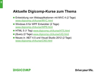 Aktuelle Digicomp-Kurse zum Thema
 Entwicklung von Webapplikationen mit MVC 4 (2 Tage)
www.digicomp.ch/kurse/MVC.html
 Windows 8 für WPF Entwickler (2 Tage)
www.digicomp.ch/kurse/WP8.html
 HTML 5 (1 Tag) www.digicomp.ch/kurse/HT5.html
 jQuery (2 Tage) www.digicomp.ch/kurse/IJQ.html
 Neues in .NET 4.5 und Visual Studio 2012 (2 Tage)
www.digicomp.ch/kurse/CN5.html
20
 