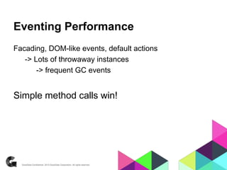 Eventing Performance
Facading, DOM-like events, default actions
-> Lots of throwaway instances
-> frequent GC events
Simple method calls win!
 
