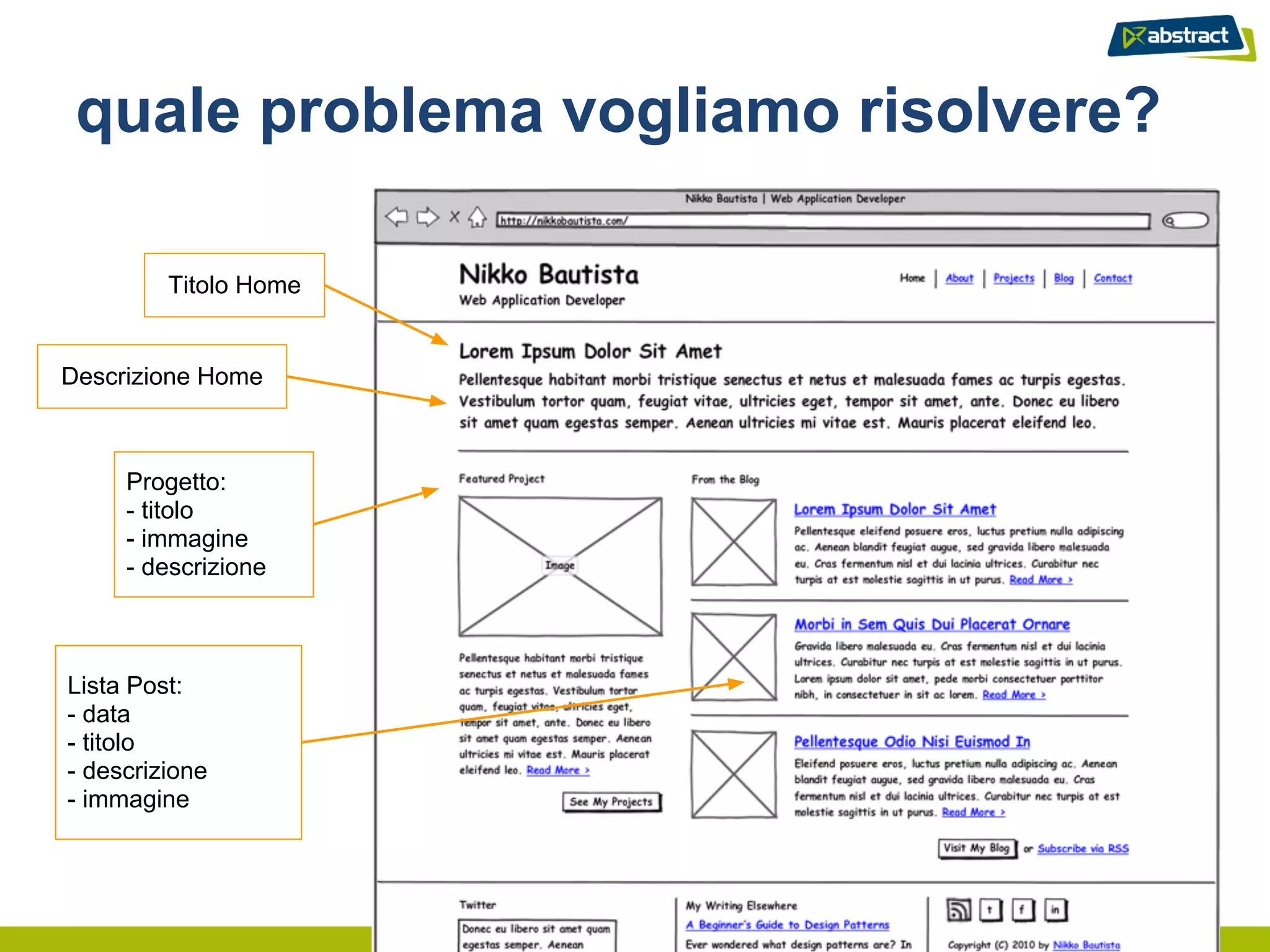 quale problema vogliamo risolvere?

         Titolo Home


Descrizione Home



     Progetto:
     - titolo
     - immagine
     - descrizione



Lista Post:
- data
- titolo
- descrizione
- immagine
 