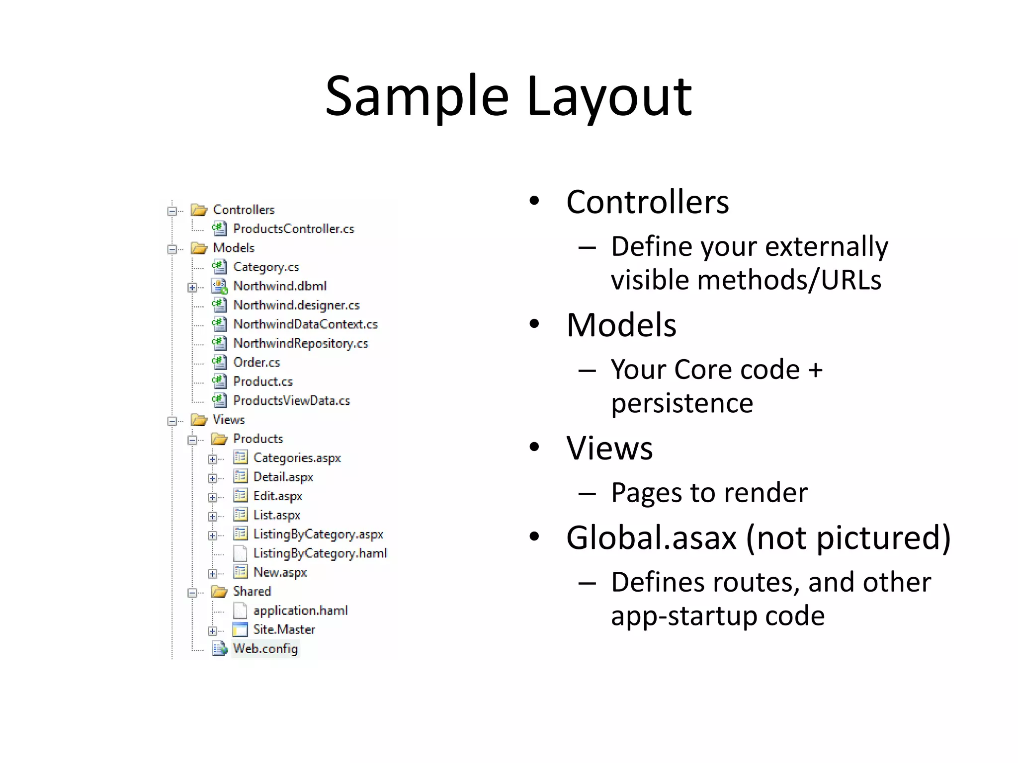 Sample Layout
       • Controllers
          – Define your externally
            visible methods/URLs
       • Models
          – Your Core code +
            persistence
       • Views
          – Pages to render
       • Global.asax (not pictured)
          – Defines routes, and other
            app-startup code
 