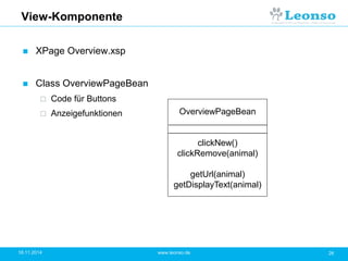 View-Komponente
 XPage Overview.xsp
 Class OverviewPageBean
 Code für Buttons
 Anzeigefunktionen
18.11.2014 26www.leon...