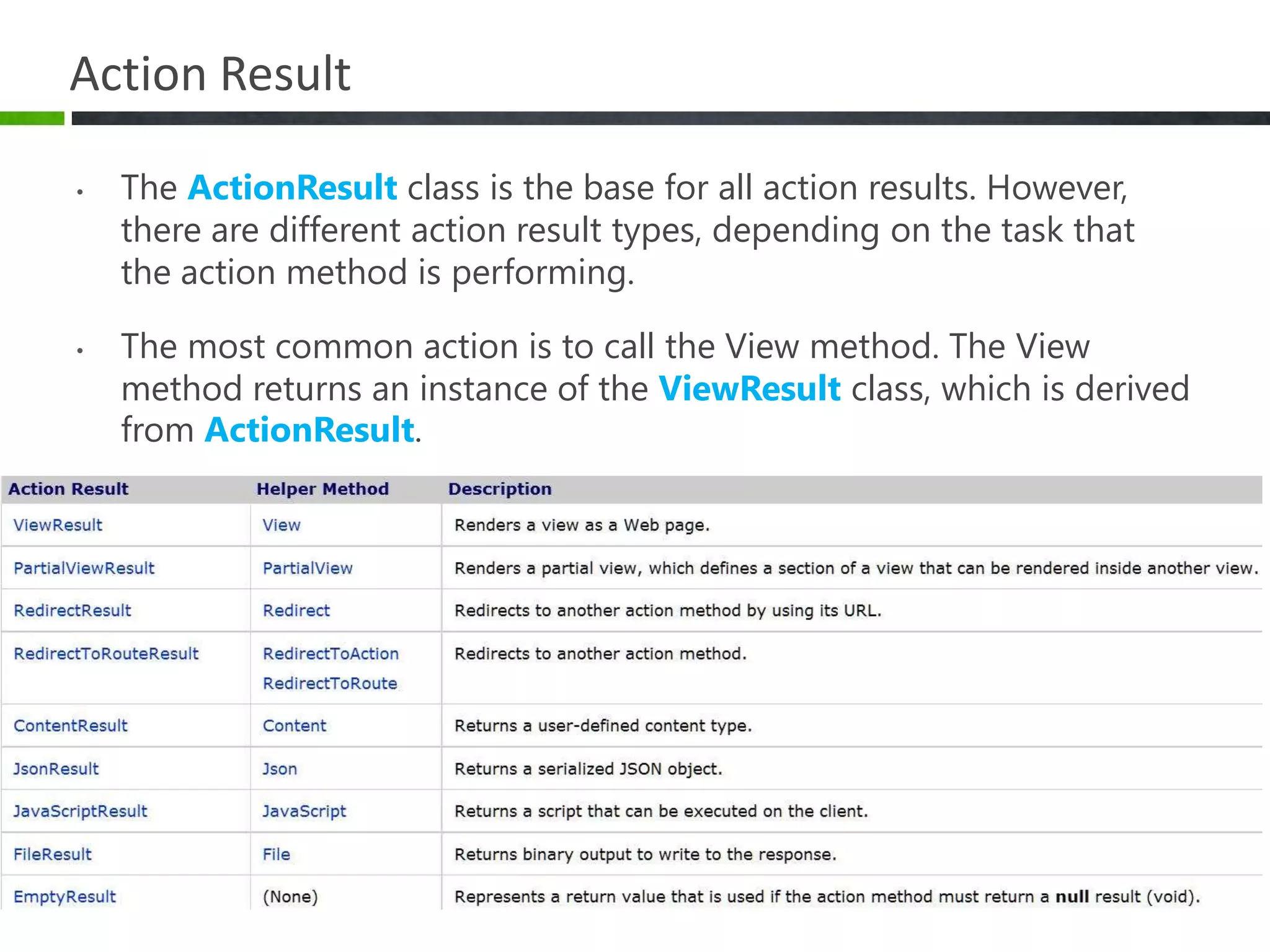 Action ResultThe ActionResultclass is the base for all action results. However, there are different action result types, depending on the task that the action method is performing. The most common action is to call the View method. The View method returns an instance of the ViewResultclass, which is derived from ActionResult.