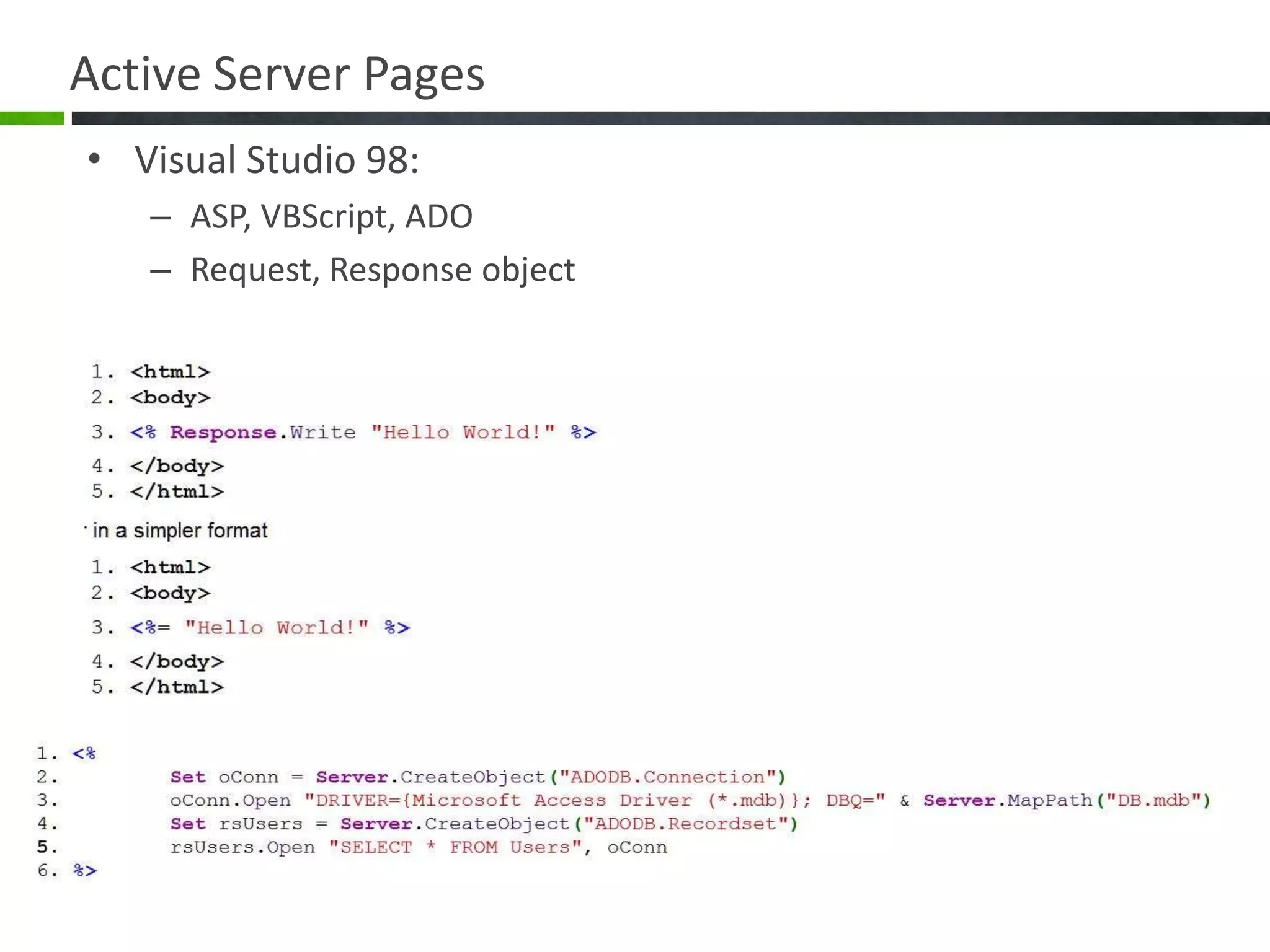 Active Server PagesVisual Studio 98:ASP, VBScript, ADORequest, Response object