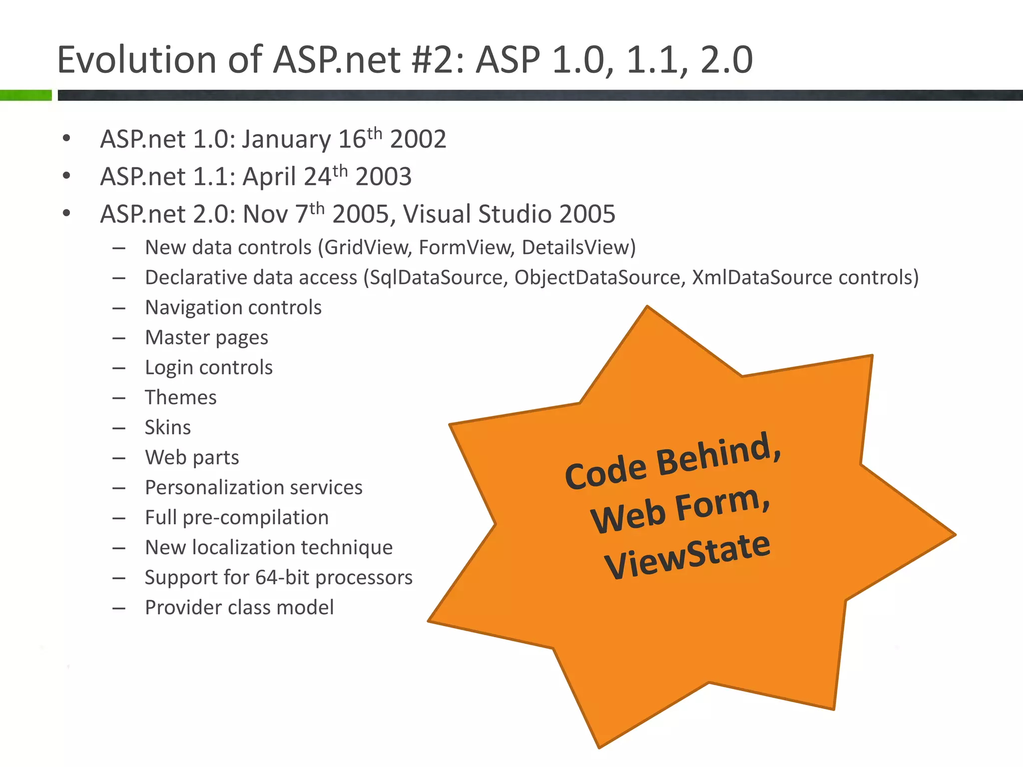 Evolution of ASP.net #2: ASP 1.0, 1.1, 2.0ASP.net 1.0: January 16th 2002ASP.net 1.1: April 24th 2003ASP.net 2.0: Nov 7th 2005, Visual Studio 2005New data controls (GridView, FormView, DetailsView)Declarative data access (SqlDataSource, ObjectDataSource, XmlDataSource controls)Navigation controlsMaster pagesLogin controlsThemesSkinsWeb partsPersonalization servicesFull pre-compilationNew localization techniqueSupport for 64-bit processorsProvider class modelCode Behind,Web Form, ViewState