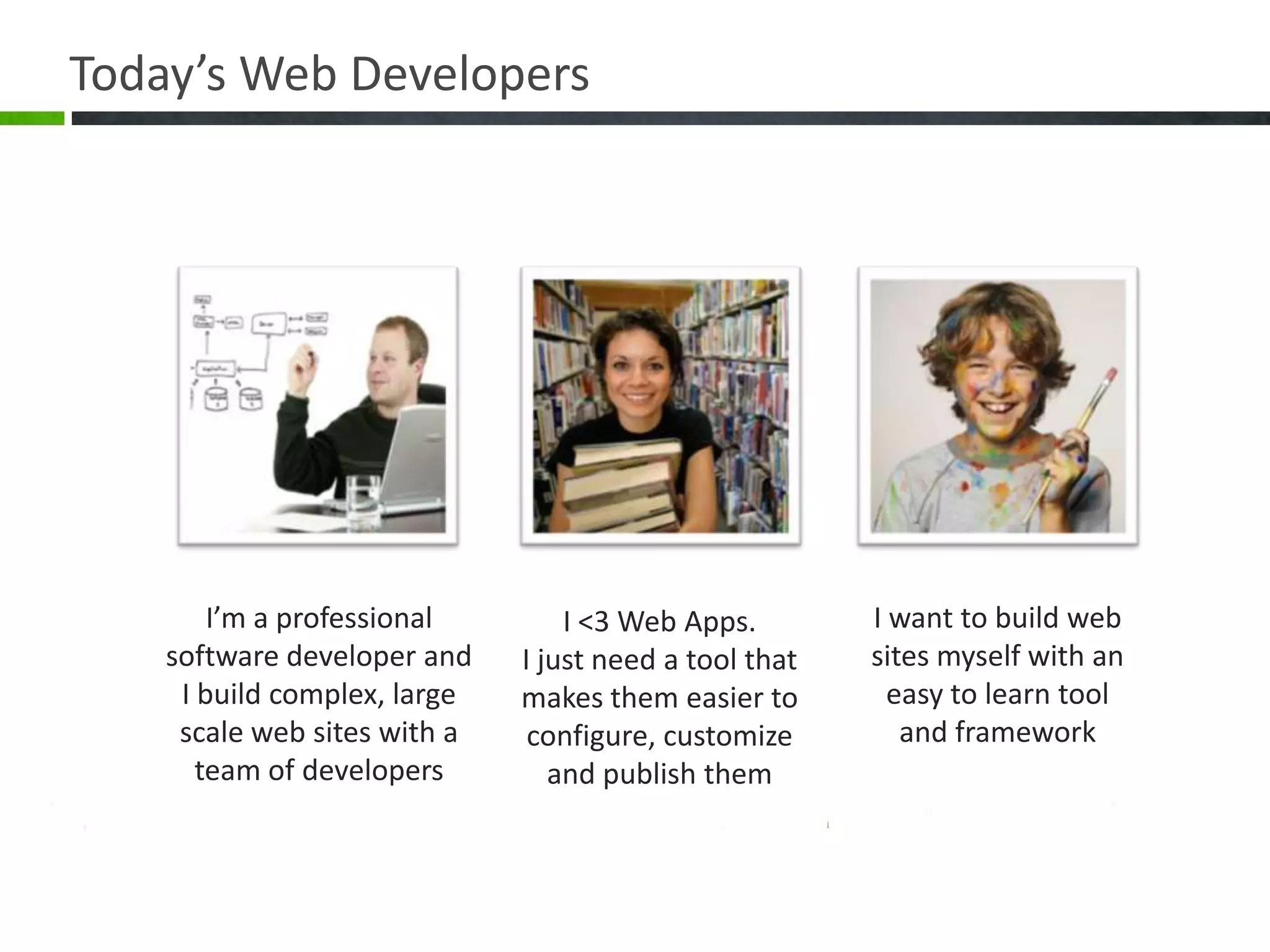 Today’s Web DevelopersI want to build web sites myself with an easy to learn tool and frameworkI’m a professional software developer and I build complex, large scale web sites with a team of developersI <3 Web Apps. I just need a tool that makes them easier to configure, customize and publish them