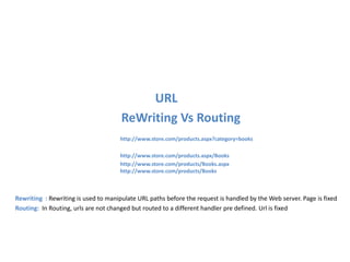 					URL ReWritingVs Routing				http://www.store.com/products.aspx?category=books				http://www.store.com/products.aspx/Books				http://www.store.com/products/Books.aspx						http://www.store.com/products/BooksRewriting  : Rewriting is used to manipulate URL paths before the request is handled by the Web server. Page is fixedRouting:  InRouting, urls are not changed but routed to a different handler pre defined. Url is fixed 