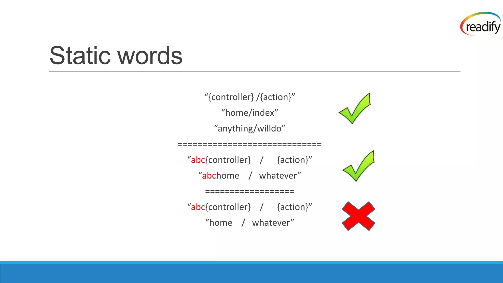 Static words “,controller- /,action-” “home/index” “anything/willdo” ============================= “abc,controller- / ,action-” “abchome / whatever” ================== “abc,controller- / ,action-” “home / whatever” 