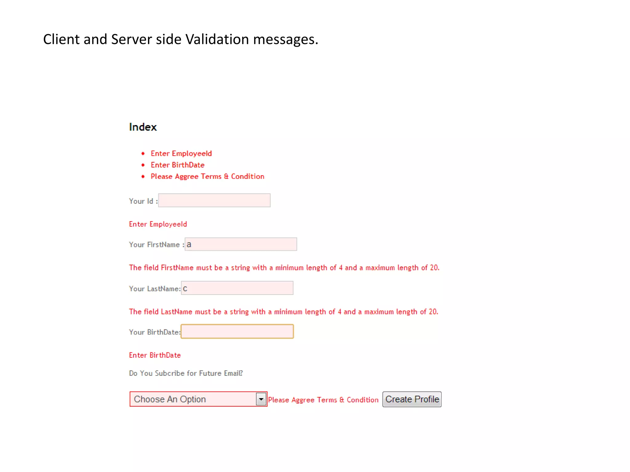 Client and Server side Validation messages.
 