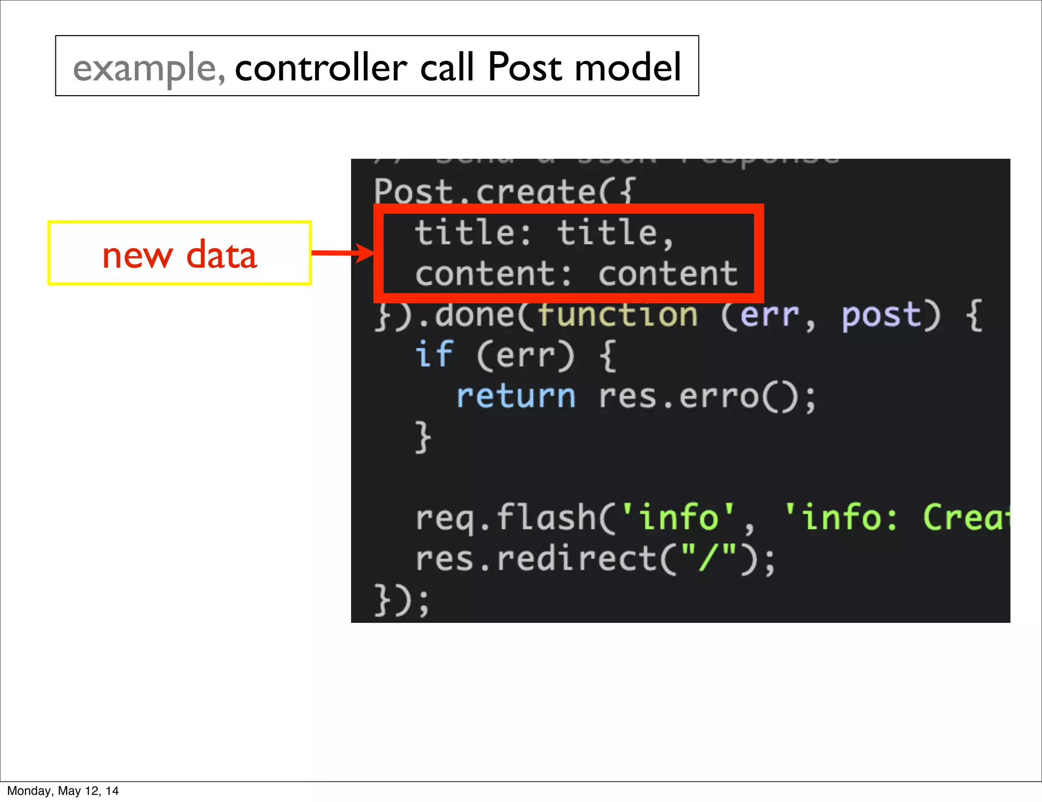 example, controller call Post model
new data
Monday, May 12, 14
 