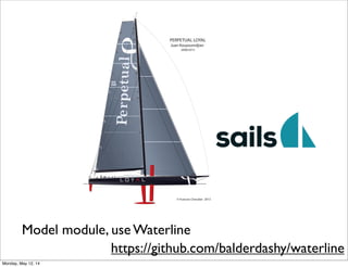 Model module, use Waterline
https://github.com/balderdashy/waterline
Monday, May 12, 14
 