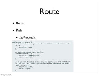 Route
• Route
• Path
• /api/routes.js
Monday, May 12, 14
 