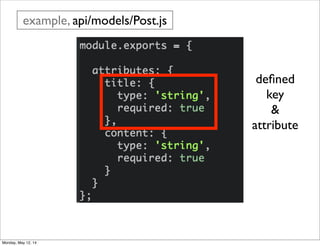 example, api/models/Post.js
deﬁned
key
&
attribute
Monday, May 12, 14
 