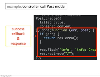 example, controller call Post model
success
callback
&
response
Monday, May 12, 14
 
