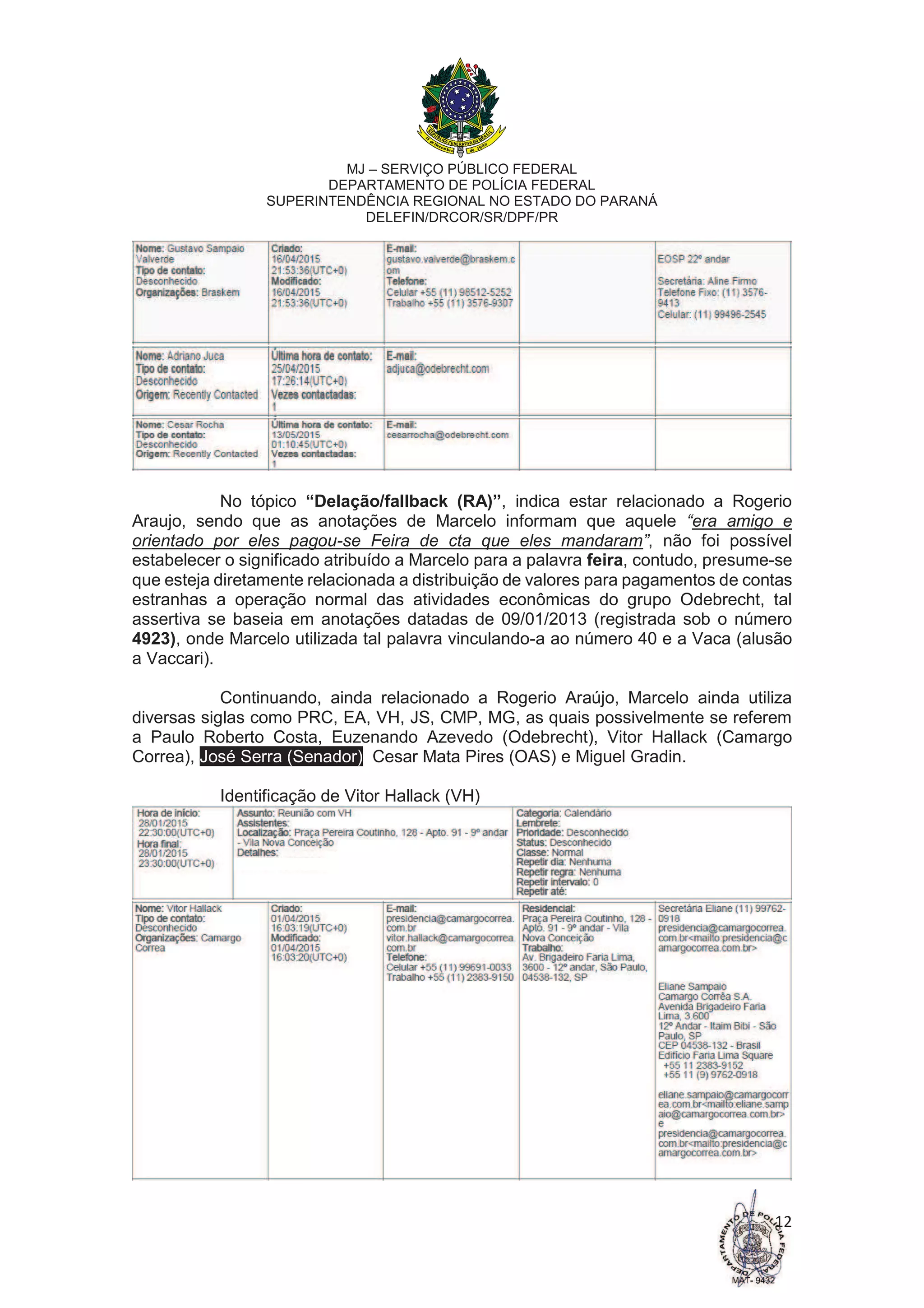 MJ – SERVIÇO PÚBLICO FEDERAL
DEPARTAMENTO DE POLÍCIA FEDERAL
SUPERINTENDÊNCIA REGIONAL NO ESTADO DO PARANÁ
DELEFIN/DRCOR/SR/DPF/PR
12
No tópico “Delação/fallback (RA)”, indica estar relacionado a Rogerio
Araujo, sendo que as anotações de Marcelo informam que aquele “era amigo e
orientado por eles pagou-se Feira de cta que eles mandaram”, não foi possível
estabelecer o significado atribuído a Marcelo para a palavra feira, contudo, presume-se
que esteja diretamente relacionada a distribuição de valores para pagamentos de contas
estranhas a operação normal das atividades econômicas do grupo Odebrecht, tal
assertiva se baseia em anotações datadas de 09/01/2013 (registrada sob o número
4923), onde Marcelo utilizada tal palavra vinculando-a ao número 40 e a Vaca (alusão
a Vaccari).
Continuando, ainda relacionado a Rogerio Araújo, Marcelo ainda utiliza
diversas siglas como PRC, EA, VH, JS, CMP, MG, as quais possivelmente se referem
a Paulo Roberto Costa, Euzenando Azevedo (Odebrecht), Vitor Hallack (Camargo
Correa), José Serra (Senador), Cesar Mata Pires (OAS) e Miguel Gradin.
Identificação de Vitor Hallack (VH)
 