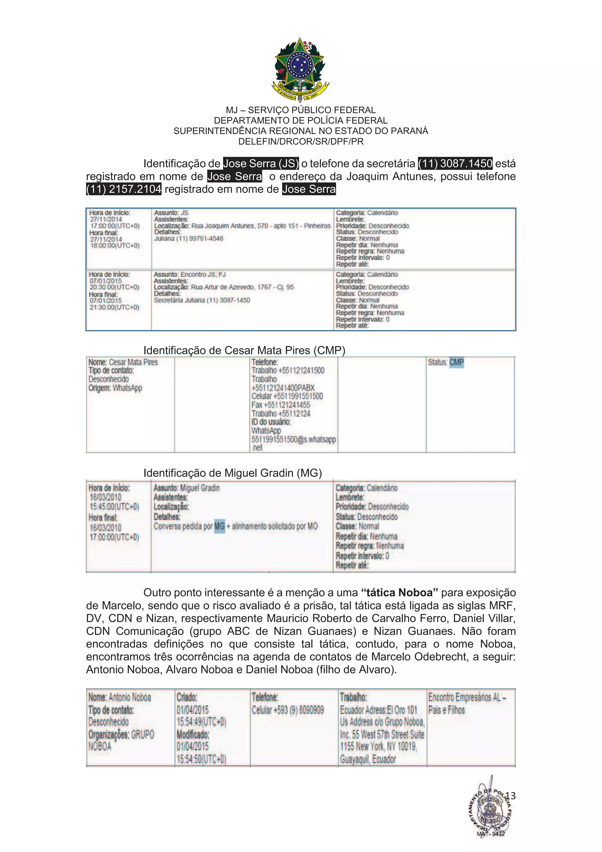 MJ – SERVIÇO PÚBLICO FEDERAL
DEPARTAMENTO DE POLÍCIA FEDERAL
SUPERINTENDÊNCIA REGIONAL NO ESTADO DO PARANÁ
DELEFIN/DRCOR/SR/DPF/PR
13
Identificação de Jose Serra (JS) o telefone da secretária (11) 3087.1450 está
registrado em nome de Jose Serra, o endereço da Joaquim Antunes, possui telefone
(11) 2157.2104 registrado em nome de Jose Serra.
Identificação de Cesar Mata Pires (CMP)
Identificação de Miguel Gradin (MG)
Outro ponto interessante é a menção a uma “tática Noboa” para exposição
de Marcelo, sendo que o risco avaliado é a prisão, tal tática está ligada as siglas MRF,
DV, CDN e Nizan, respectivamente Mauricio Roberto de Carvalho Ferro, Daniel Villar,
CDN Comunicação (grupo ABC de Nizan Guanaes) e Nizan Guanaes. Não foram
encontradas definições no que consiste tal tática, contudo, para o nome Noboa,
encontramos três ocorrências na agenda de contatos de Marcelo Odebrecht, a seguir:
Antonio Noboa, Alvaro Noboa e Daniel Noboa (filho de Alvaro).
 