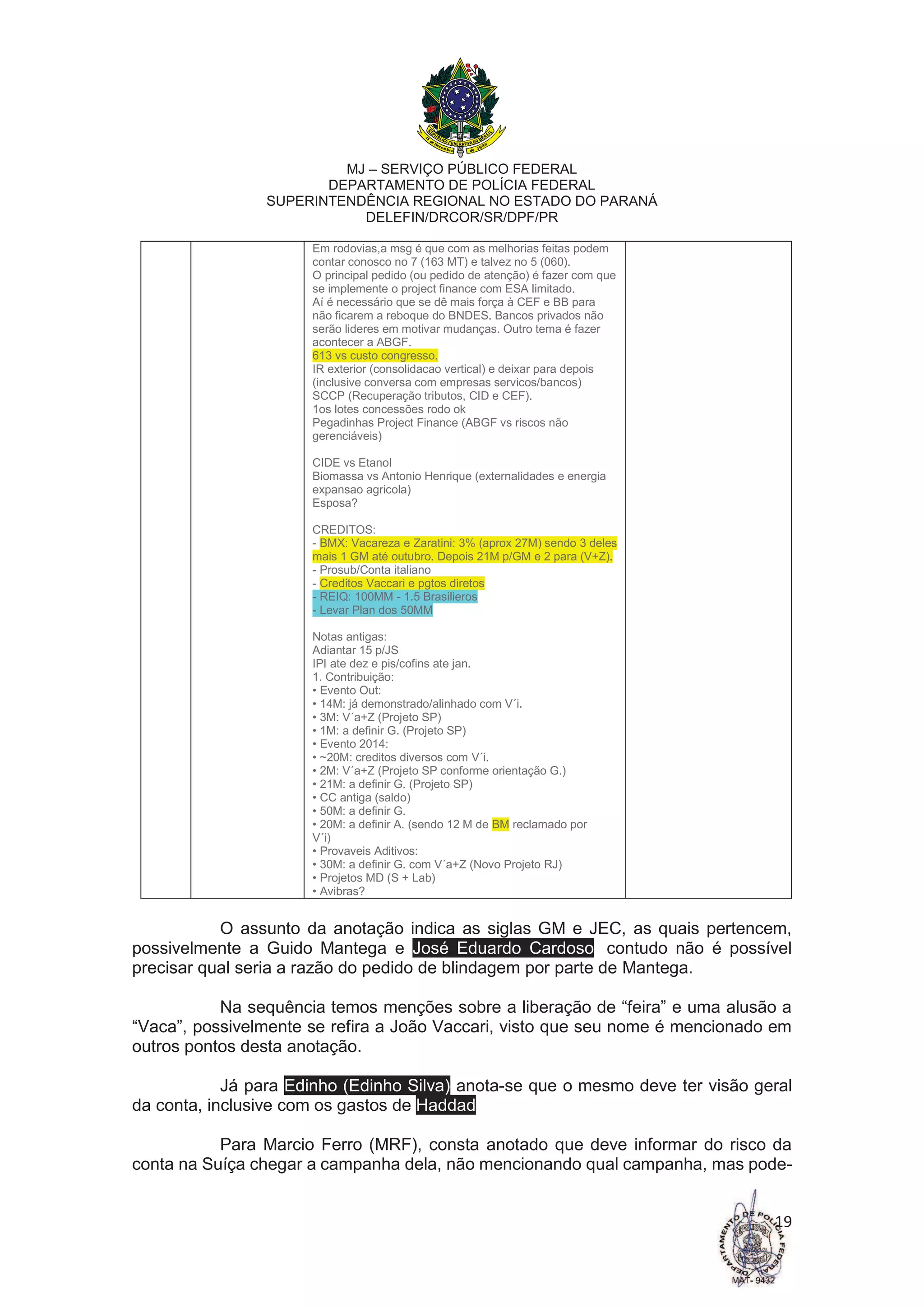MJ – SERVIÇO PÚBLICO FEDERAL
DEPARTAMENTO DE POLÍCIA FEDERAL
SUPERINTENDÊNCIA REGIONAL NO ESTADO DO PARANÁ
DELEFIN/DRCOR/SR/DPF/PR
19
Em rodovias,a msg é que com as melhorias feitas podem
contar conosco no 7 (163 MT) e talvez no 5 (060).
O principal pedido (ou pedido de atenção) é fazer com que
se implemente o project finance com ESA limitado.
Aí é necessário que se dê mais força à CEF e BB para
não ficarem a reboque do BNDES. Bancos privados não
serão lideres em motivar mudanças. Outro tema é fazer
acontecer a ABGF.
613 vs custo congresso.
IR exterior (consolidacao vertical) e deixar para depois
(inclusive conversa com empresas servicos/bancos)
SCCP (Recuperação tributos, CID e CEF).
1os lotes concessões rodo ok
Pegadinhas Project Finance (ABGF vs riscos não
gerenciáveis)
CIDE vs Etanol
Biomassa vs Antonio Henrique (externalidades e energia
expansao agricola)
Esposa?
CREDITOS:
- BMX: Vacareza e Zaratini: 3% (aprox 27M) sendo 3 deles
mais 1 GM até outubro. Depois 21M p/GM e 2 para (V+Z).
- Prosub/Conta italiano
- Creditos Vaccari e pgtos diretos
- REIQ: 100MM - 1.5 Brasilieros
- Levar Plan dos 50MM
Notas antigas:
Adiantar 15 p/JS
IPI ate dez e pis/cofins ate jan.
1. Contribuição:
• Evento Out:
• 14M: já demonstrado/alinhado com V´i.
• 3M: V´a+Z (Projeto SP)
• 1M: a definir G. (Projeto SP)
• Evento 2014:
• ~20M: creditos diversos com V´i.
• 2M: V´a+Z (Projeto SP conforme orientação G.)
• 21M: a definir G. (Projeto SP)
• CC antiga (saldo)
• 50M: a definir G.
• 20M: a definir A. (sendo 12 M de BM reclamado por
V´i)
• Provaveis Aditivos:
• 30M: a definir G. com V´a+Z (Novo Projeto RJ)
• Projetos MD (S + Lab)
• Avibras?
O assunto da anotação indica as siglas GM e JEC, as quais pertencem,
possivelmente a Guido Mantega e José Eduardo Cardoso, contudo não é possível
precisar qual seria a razão do pedido de blindagem por parte de Mantega.
Na sequência temos menções sobre a liberação de “feira” e uma alusão a
“Vaca”, possivelmente se refira a João Vaccari, visto que seu nome é mencionado em
outros pontos desta anotação.
Já para Edinho (Edinho Silva) anota-se que o mesmo deve ter visão geral
da conta, inclusive com os gastos de Haddad.
Para Marcio Ferro (MRF), consta anotado que deve informar do risco da
conta na Suíça chegar a campanha dela, não mencionando qual campanha, mas pode-
 