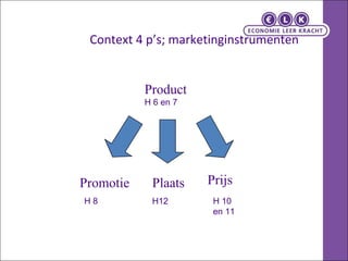 Context 4 p’s; marketinginstrumenten H 10 en 11 H 8 Plaats H12 Promotie Product  H 6 en 7 Prijs 