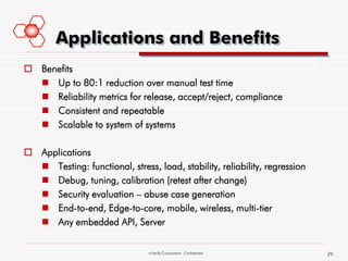 Applications and Benefits
 Benefits
   Up to 80:1 reduction over manual test time
   Reliability metrics for release, accept/reject, compliance
   Consistent and repeatable
   Scalable to system of systems

 Applications
   Testing: functional, stress, load, stability, reliability, regression
   Debug, tuning, calibration (retest after change)
   Security evaluation – abuse case generation
   End-to-end, Edge-to-core, mobile, wireless, multi-tier
   Any embedded API, Server


                                mVerify Corporation Confidential            29
 
