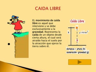 EL movimiento de caída
libre es aquel que
interviene y se debe
exclusivamente a la
gravedad. Representa la
caída de un objeto desde
cierta altura, el cual será
atraído hacia el suelo por
la atracción que ejerce la
tierra sobre él.
 
