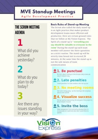 The Scrum also called the daily stand-up
is an Agile practice that makes product
development teams more efficient and
productive. Here are certain ground rules
that we follow at My Vision Express.  The
Spirit of a stand-up is " everything you
say should be valuable to everyone in the
room" During the stand-up each team
member will answer the three questions
as a strict routine. The stand-up will be
strictly time boxed not to exceed 20
minutes. At the same time the stand-up is
not the sole means of team
communication 
Basic Rules of Stand-up Meeting
MVE Standup Meetings
A g i l e D e v e l o p m e n t P r a c t i c e
( C ) T H E N E I G H B O R H O O D 2 0 1 6 • T H E N E I G H B O R H O O D . C O M
 