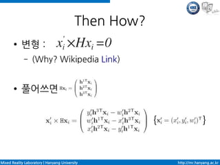 Then How?
       ●    변형 :
             –    (Why? Wikipedia Link)


       ●    풀어쓰면


                                                       {                 }



Mixed Reality Laboratory | Hanyang University              http://mr.hanyang.ac.kr
 