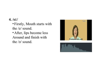 4. /e /ɪ
•Firstly, Mouth starts with
the /e/ sound.
•After, lips become less
Around and finish with
the /ə/ sound.
 