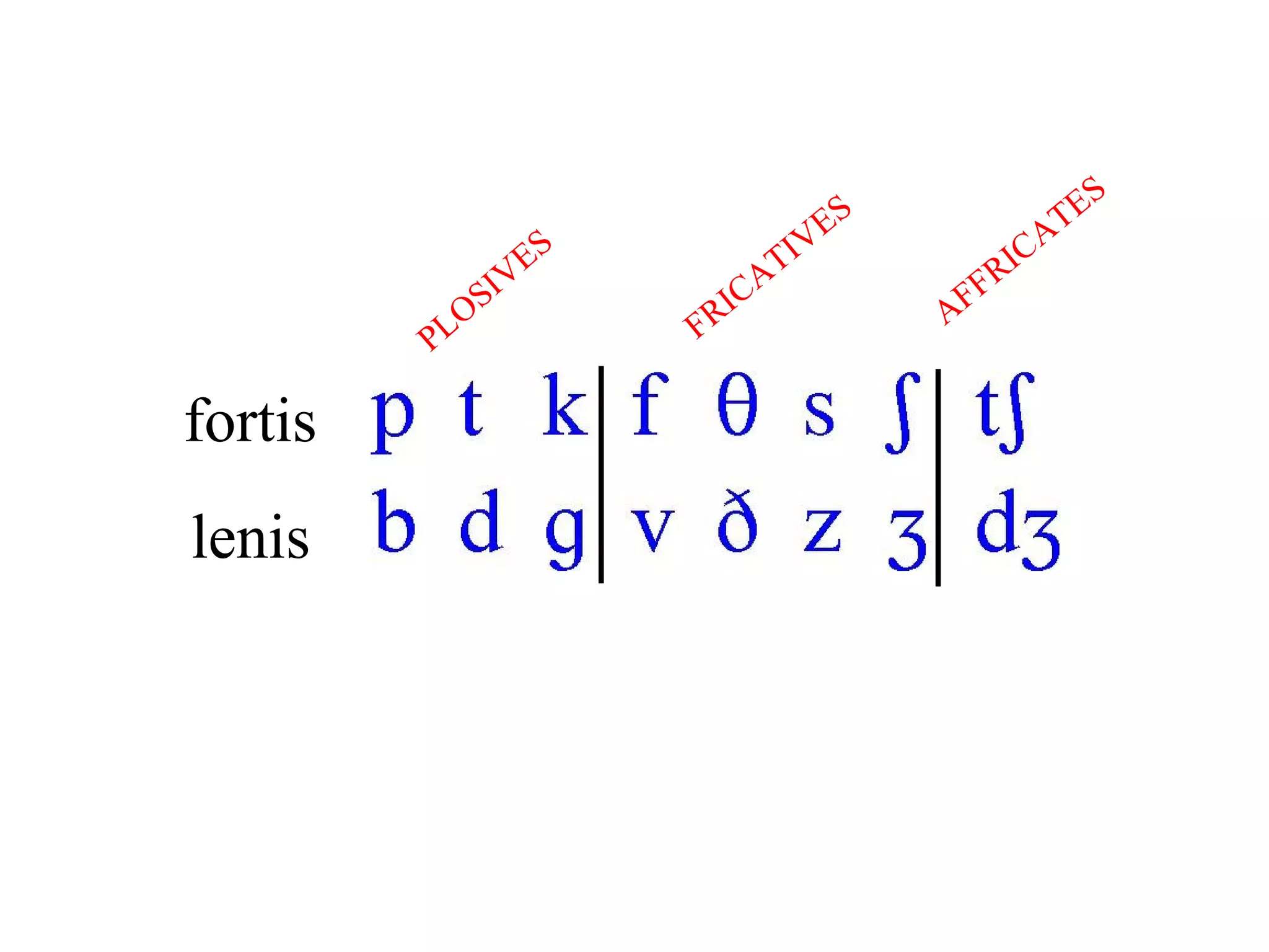 fortis
lenis
PLOSIVES
FRICATIVES
AFFRICATES
 