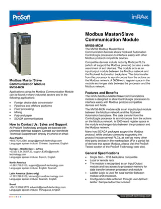 Modbus Master/Slave
Communication Module
MVI56-MCM
Applications using the Modbus Communication Module
can be found in many industrial sectors and in the
following applications:
• Foreign device data concentrator
• Pipelines and offshore platforms
• Food processing
• Mining
• Pulp and paper
• SCADA communications
How to Contact Us: Sales and Support
All ProSoft Technology products are backed with
unlimited technical support. Contact our worldwide
Technical Support team directly by phone or email:
Asia Pacific
+603.7724.2080, asiapc@prosoft-technology.com
Languages spoken include: Chinese, Japanese, English
Europe – Middle East – Africa
+33 (0) 5.34.36.87.20, support.EMEA@prosoft-
technology.com
Languages spoken include: French, English
North America
+1.661.716.5100, support@prosoft-technology.com
Languages spoken include: English, Spanish
Latin America (Sales only)
+1.281.298.9109, latinam@prosoft-technology.com
Languages spoken include: Spanish, English
Brasil
+55-11.5084.5178, eduardo@prosoft-technology.com
Languages spoken include: Portuguese, English
Modbus Master/Slave
Communication Module
MVI56-MCM
The MVI56 Modbus Master/Slave
Communication Module allows Rockwell Automation
ControlLogix processors to interface easily with other
Modbus protocol compatible devices.
Compatible devices include not only Modicon PLCs
(which all support the Modbus protocol) but also a wide
assortment of end devices. The module acts as an
input/output module between the Modbus network and
the Rockwell Automation backplane. The data transfer
from the processor is asynchronous from the actions on
the Modbus network. A 5000-word register space in the
module exchanges data between the processor and the
Modbus network.
Features and Benefits
The inRAx Modbus Master/Slave Communications
module is designed to allow ControlLogix processors to
interface easily with Modbus protocol-compatible
devices and hosts.
The MVI56-MCM module acts as an input/output module
between the Modbus network and the Rockwell
Automation backplane. The data transfer from the
ControlLogix processor is asynchronous from the actions
on the Modbus network. A 5000-word register space in
the module exchanges data between the processor and
the Modbus network.
Many host SCADA packages support the Modbus
protocol, while devices commonly supporting the
protocol include several PLCs, as well as many other
third party devices in the marketplace. (For a partial list
of devices that speak Modbus, please visit the ProSoft
Tested section of the ProSoft Technology web site).
General Specifications
• Single Slot – 1756 backplane compatible
• Local or remote rack
• The module is recognized as an Input/Output
module and has access to processor memory for
data transfer between processor and module
• Ladder Logic is used for data transfer between
module and processor.
• Configuration data obtained through user-defined
ladder. Sample ladder file included
 