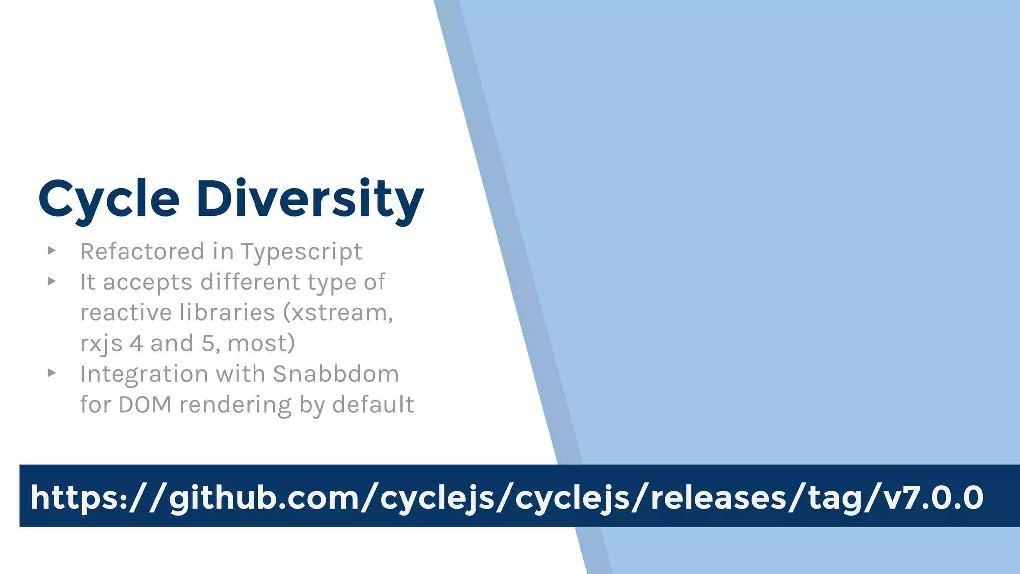 Cycle Diversity
▸ Refactored in Typescript
▸ It accepts different type of
reactive libraries (xstream,
rxjs 4 and 5, most)
▸ Integration with Snabbdom
for DOM rendering by default
https://github.com/cyclejs/cyclejs/releases/tag/v7.0.0
 