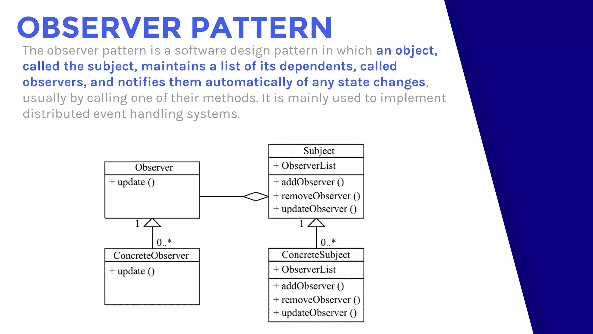 OBSERVER PATTERN
The observer pattern is a software design pattern in which an object,
called the subject, maintains a list of its dependents, called
observers, and notifies them automatically of any state changes,
usually by calling one of their methods. It is mainly used to implement
distributed event handling systems.
 