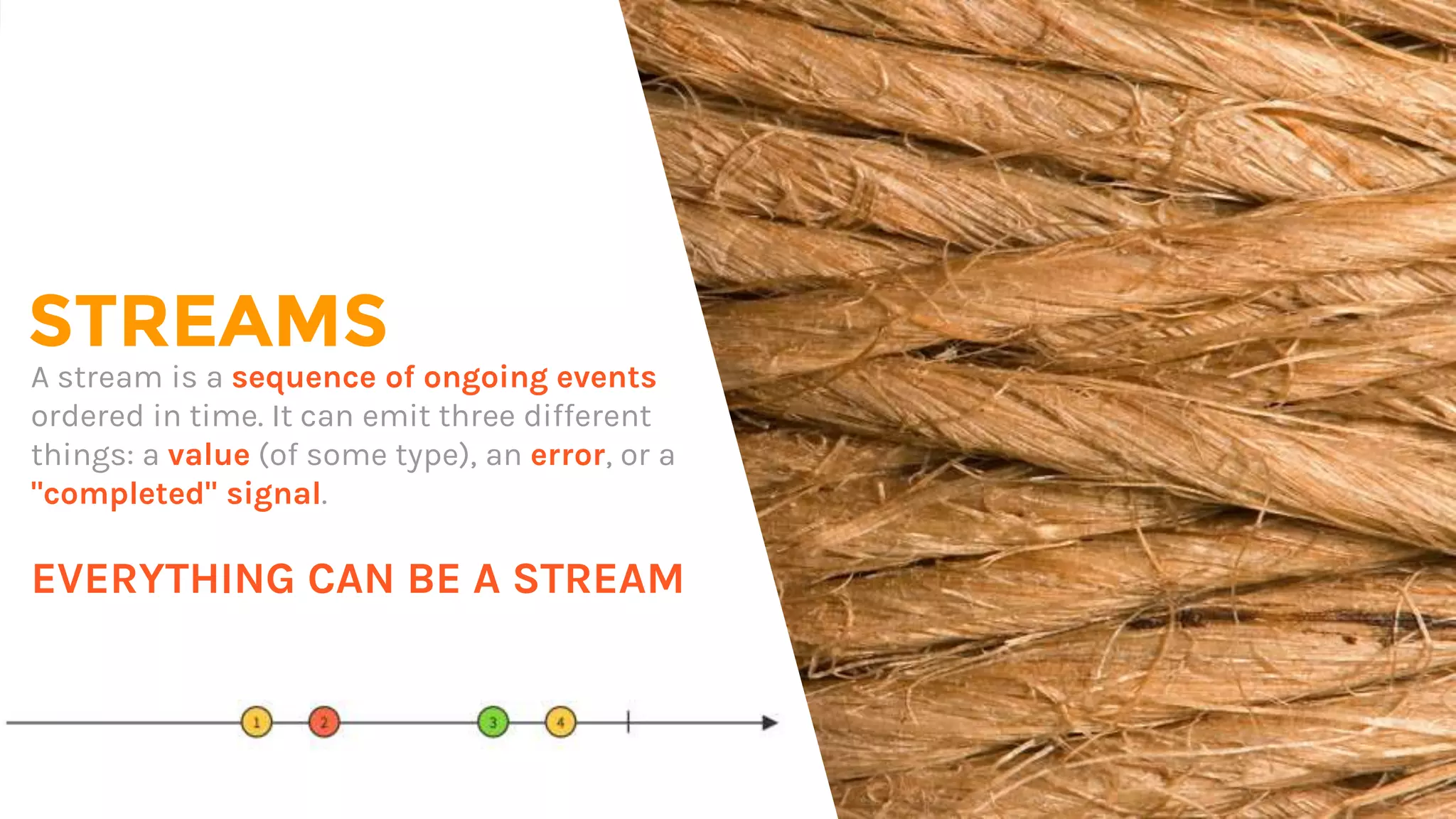 STREAMS
A stream is a sequence of ongoing events
ordered in time. It can emit three different
things: a value (of some type), an error, or a
"completed" signal.
EVERYTHING CAN BE A STREAM
 