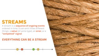 STREAMS
A stream is a sequence of ongoing events
ordered in time. It can emit three different
things: a value (of some type), an error, or a
"completed" signal.
EVERYTHING CAN BE A STREAM
 