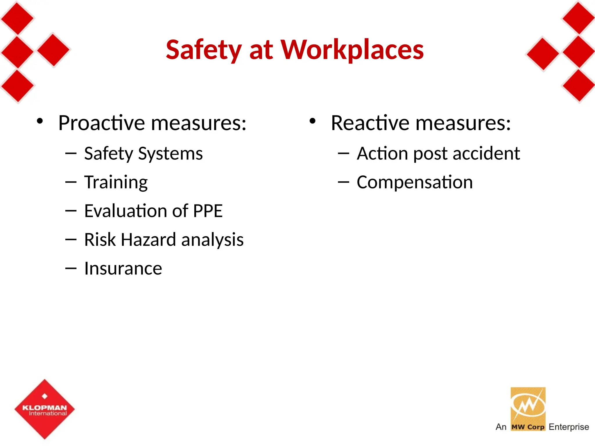Safety at Workplaces
• Proactive measures:
– Safety Systems
– Training
– Evaluation of PPE
– Risk Hazard analysis
– Insurance
• Reactive measures:
– Action post accident
– Compensation
 