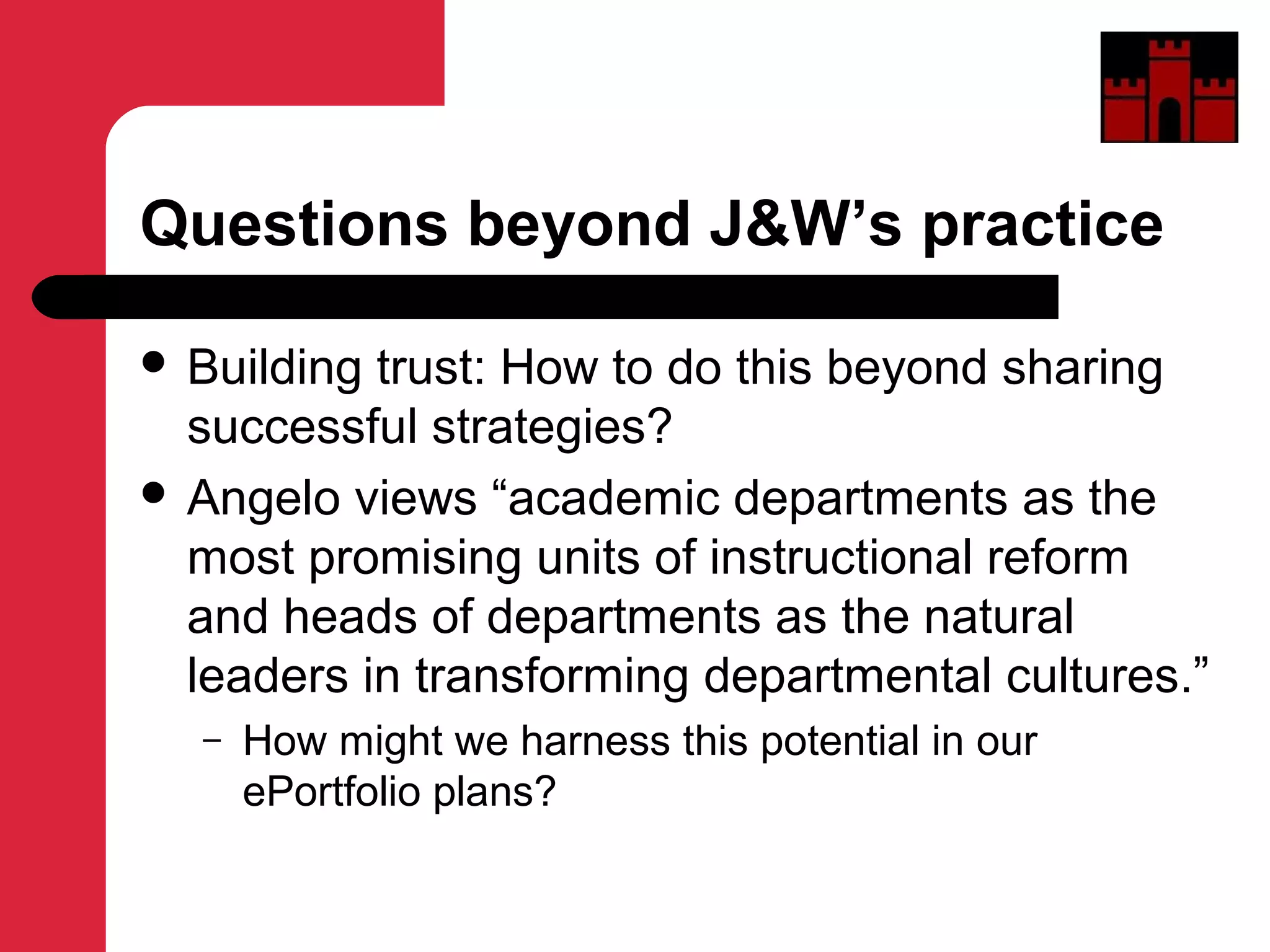 Questions beyond J&W’s practice
 Building trust: How to do this beyond sharing
successful strategies?
 Angelo views “academic departments as the
most promising units of instructional reform
and heads of departments as the natural
leaders in transforming departmental cultures.”
– How might we harness this potential in our
ePortfolio plans?
 
