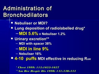 Administration ofAdministration of
BronchodilatorsBronchodilators
 Nebuliser or MDI?Nebuliser or MDI?
 Lung deposition of radiolabelled drug*Lung deposition of radiolabelled drug*
– MDI 5.6%MDI 5.6% v Nebuliser 1.2%v Nebuliser 1.2%
 Urinary excretion**Urinary excretion**
– MDI with spacer 38%MDI with spacer 38%
– MDI in line 9%MDI in line 9%
– Nebuliser 16%Nebuliser 16%
 4-10 puffs4-10 puffs MDI effective in reducing RMDI effective in reducing RAWAW
* Chest 1999; 115:1653-1657* Chest 1999; 115:1653-1657
**Am Rev Respir Dis 1990; 141:440–444**Am Rev Respir Dis 1990; 141:440–444
 