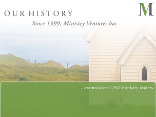OUR HISTORY
    Since 1999, Ministry Ventures has




                       ...trained over 1,942 ministry leaders.
 