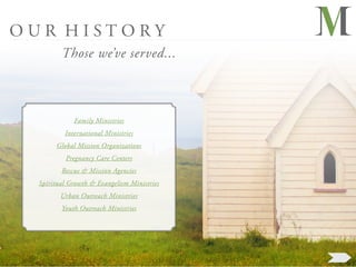 OUR HISTORY
         Those we’ve served...



             Family Ministries
          International Ministries
       Global Mission Organizations
          Pregnancy Care Centers
         Rescue & Mission Agencies
  Spiritual Growth & Evangelism Ministries
         Urban Outreach Ministries
         Youth Outreach Ministries
 