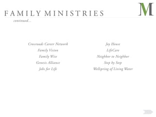 FAMILY MINISTRIES
 continued...




          Crossroads Career Network           Joy House
                 Family Vision                LifeCare
                 Family Wise            Neighbor to Neighbor
                Genesis Alliance             Step by Step
                  Jobs for Life       Wellspring of Living Water
 