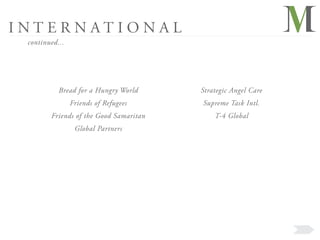 INTERNATIONAL
 continued...




           Bread for a Hungry World     Strategic Angel Care
                Friends of Refugees     Supreme Task Intl.
        Friends of the Good Samaritan       T-4 Global
                 Global Partners
 