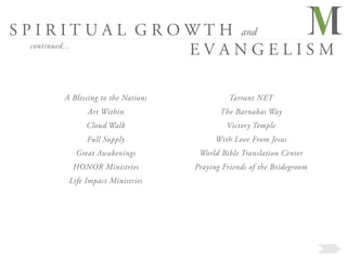 S P I R I T U A L G R O W T H and
   continued...
                        EVANGELISM

     A Blessing to the Nations             Tarrant NET
           Art Within                   The Barnabas Way
           Cloud Walk                     Victory Temple
           Full Supply                 With Love From Jesus
        Great Awakenings          World Bible Translation Center
       HONOR Ministries          Praying Friends of the Bridegroom
      Life Impact Ministries
 
